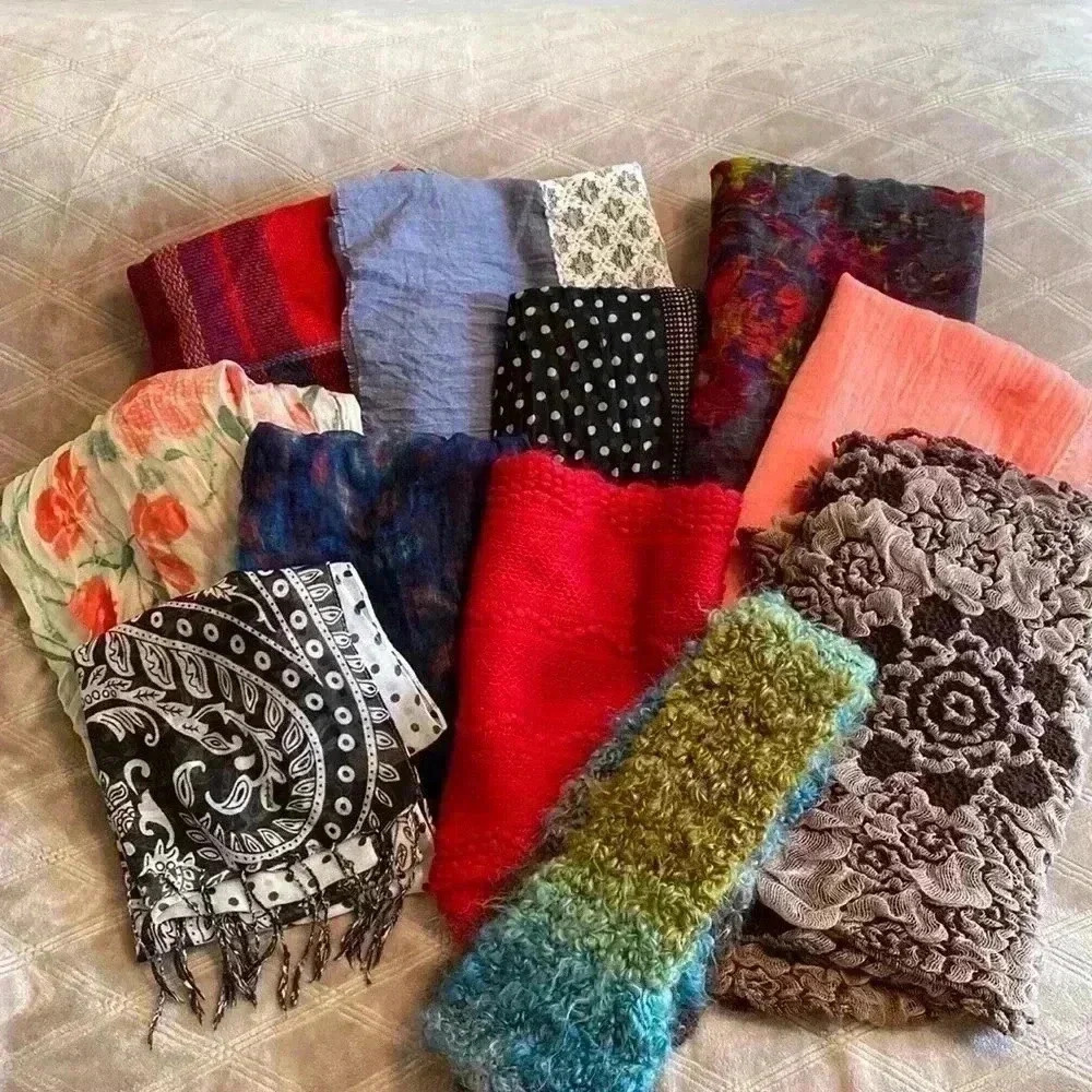 Collection of 11 scarves. Various size, weight and designs.